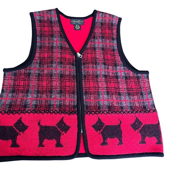 Vintage wool plaid red black scotty dogs zip front vest winter dog lover LG - Picture 1 of 8